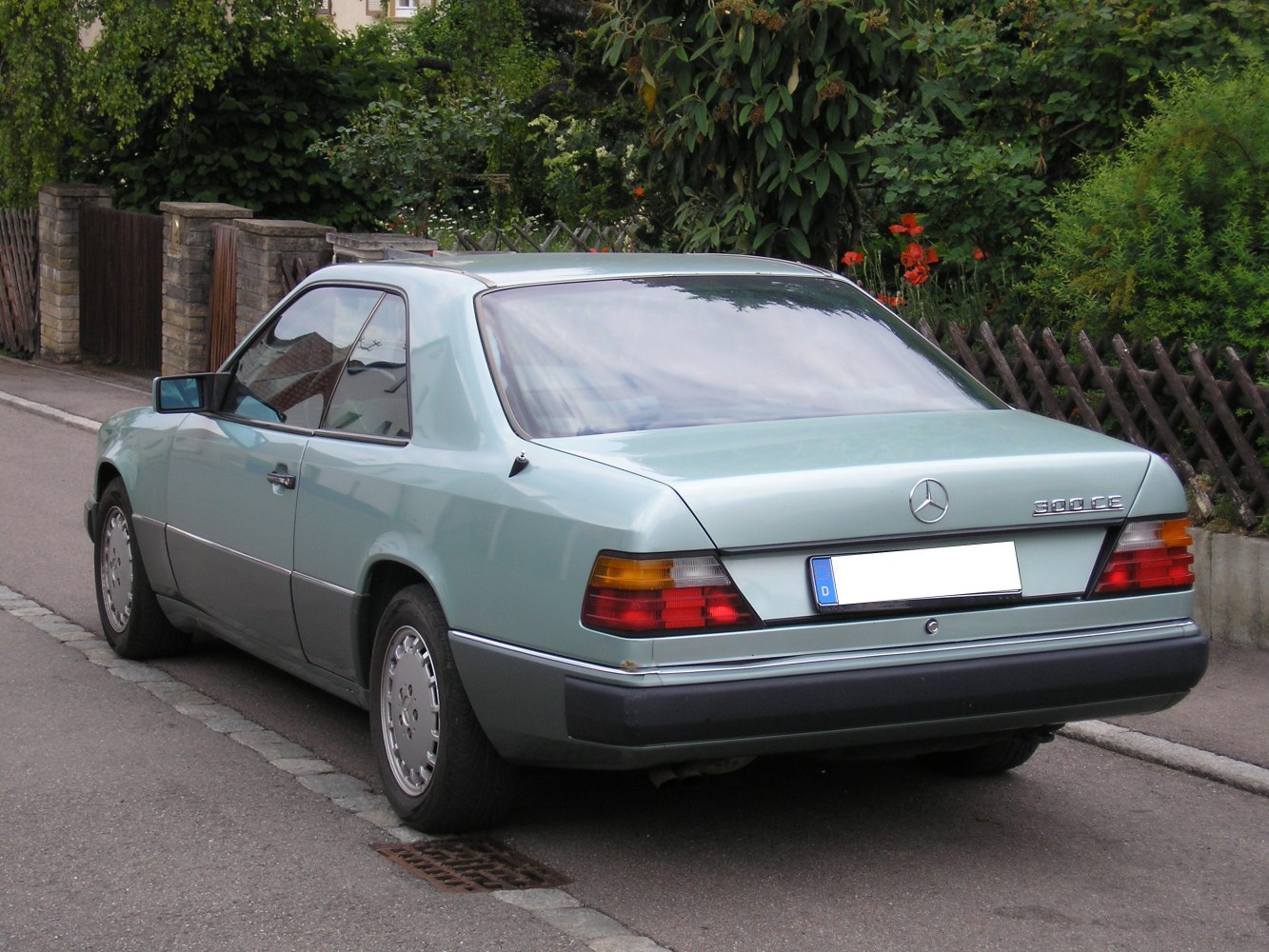 Rear and side view of a vintage coupe with alloy wheels and taillights