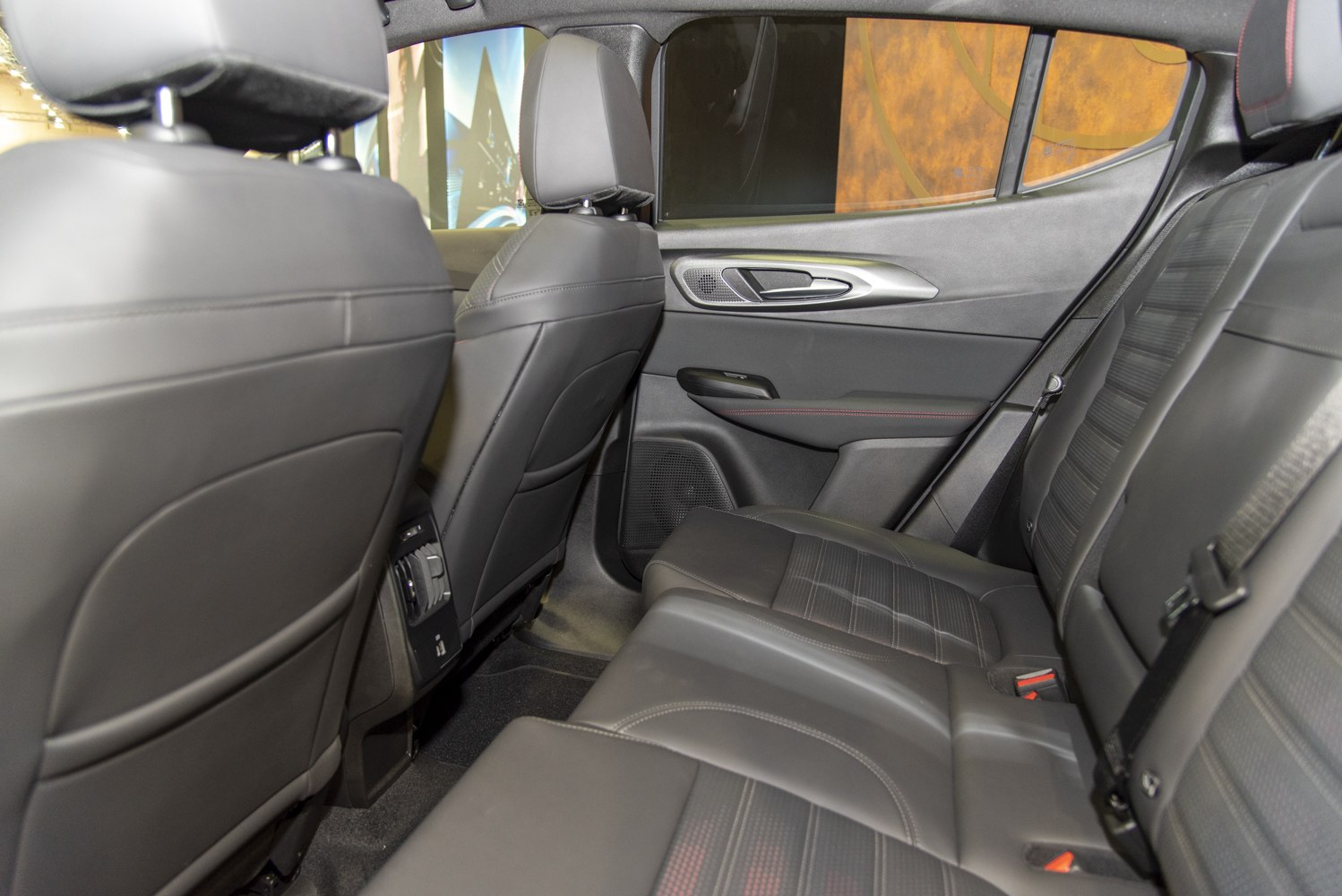 Rear seating area with leather upholstery and door panel with handle