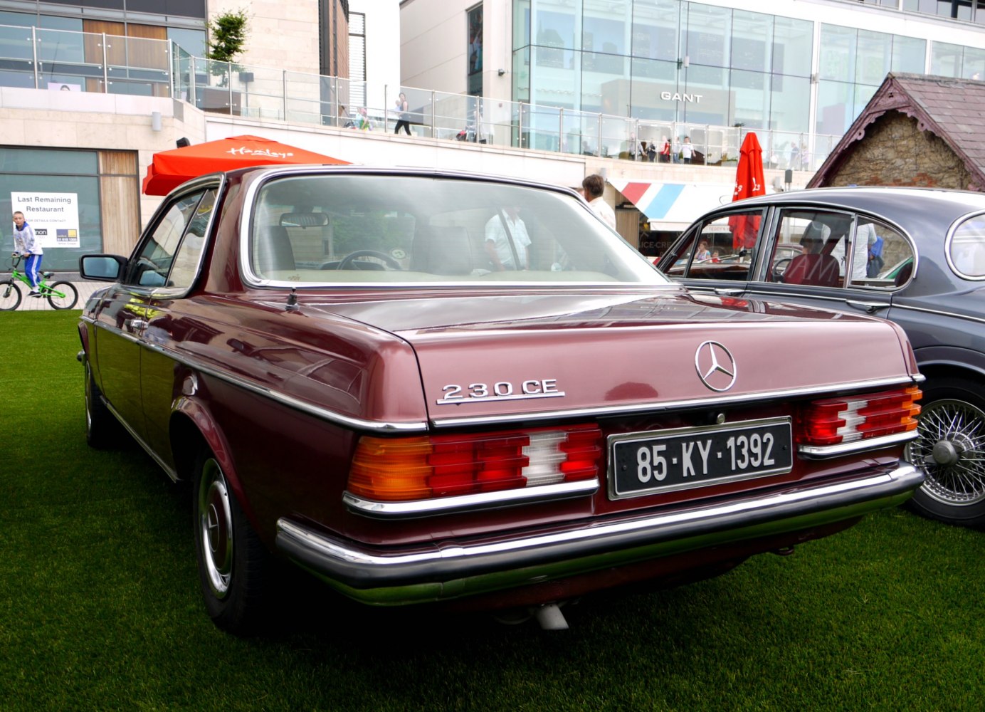 Rear view of a vintage two-door coupe with distinctive tail lights and emblem.