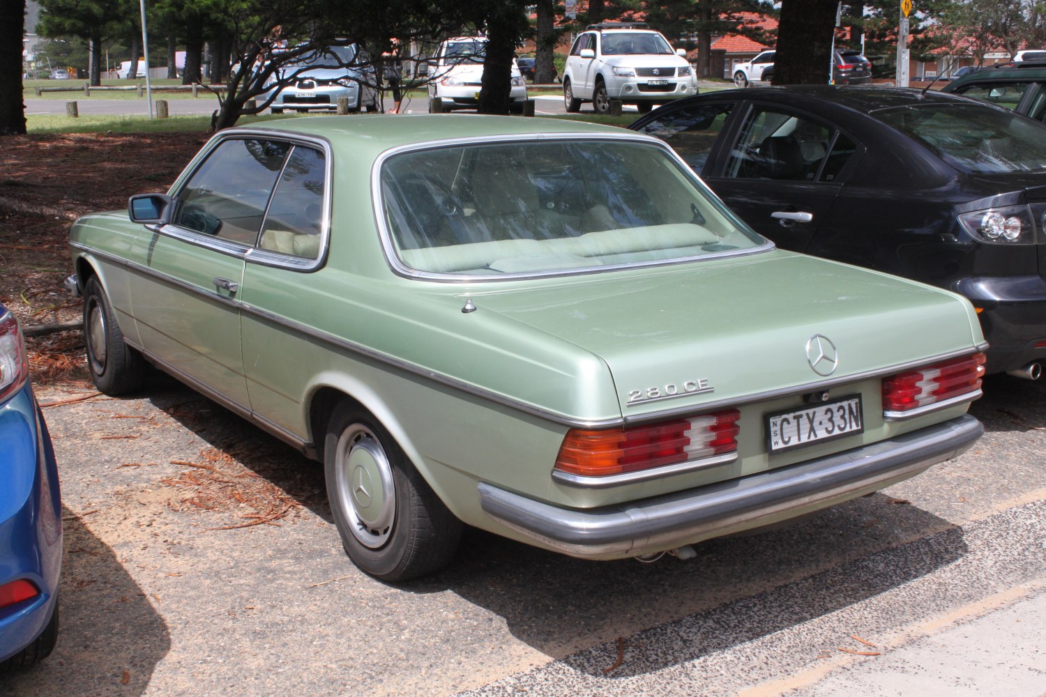 Vintage coupe rear with rectangular tail lights and side trim
