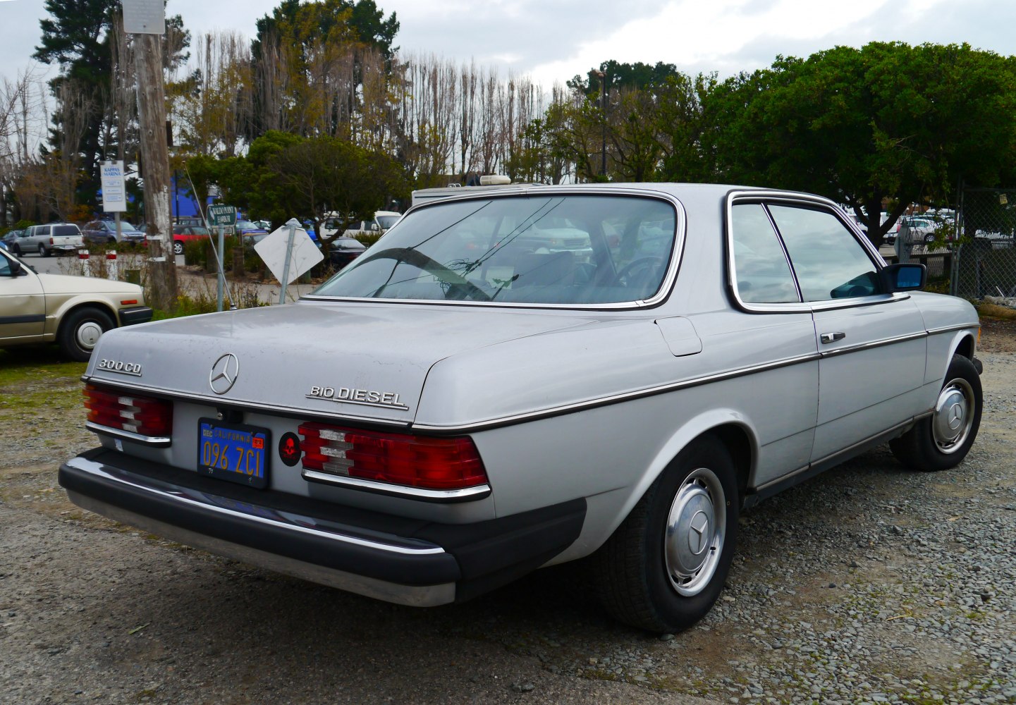 Vintage two-door silver diesel coupe with chrome trim and classic tail lights