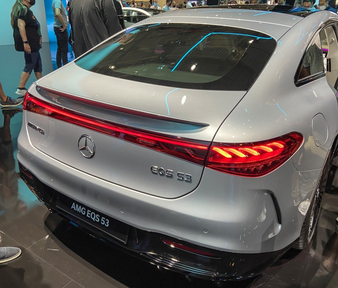 Rear view with continuous LED tail light and AMG EQS 53 badge