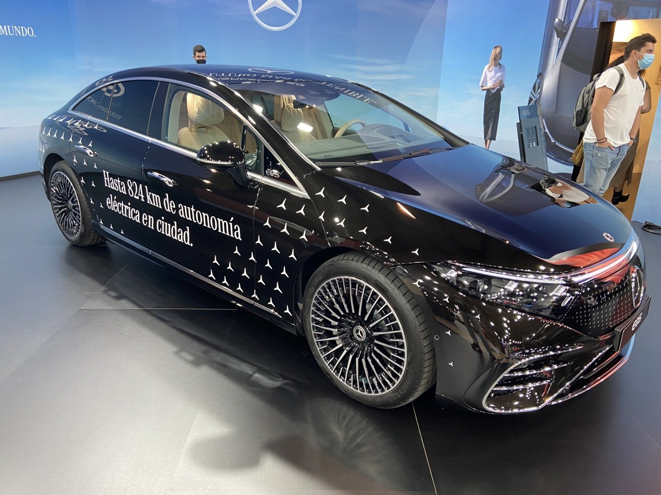 Luxury electric sedan with aerodynamic wheels and advanced LED headlights