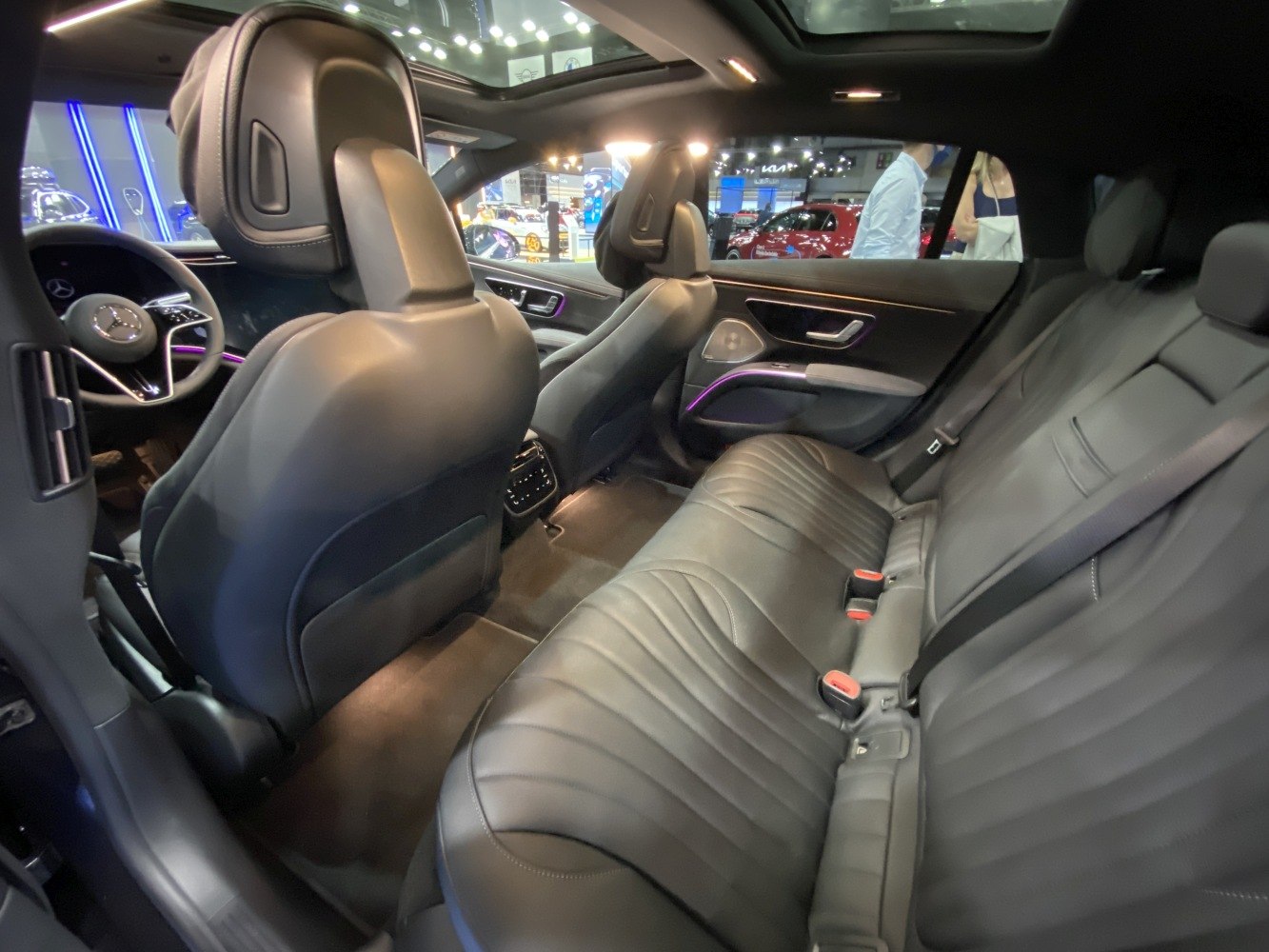 Black leather seats with ambient lighting and panoramic sunroof