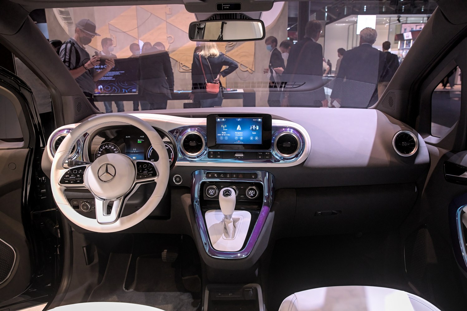 Modern digital dashboard and touchscreen infotainment on stylish car interior