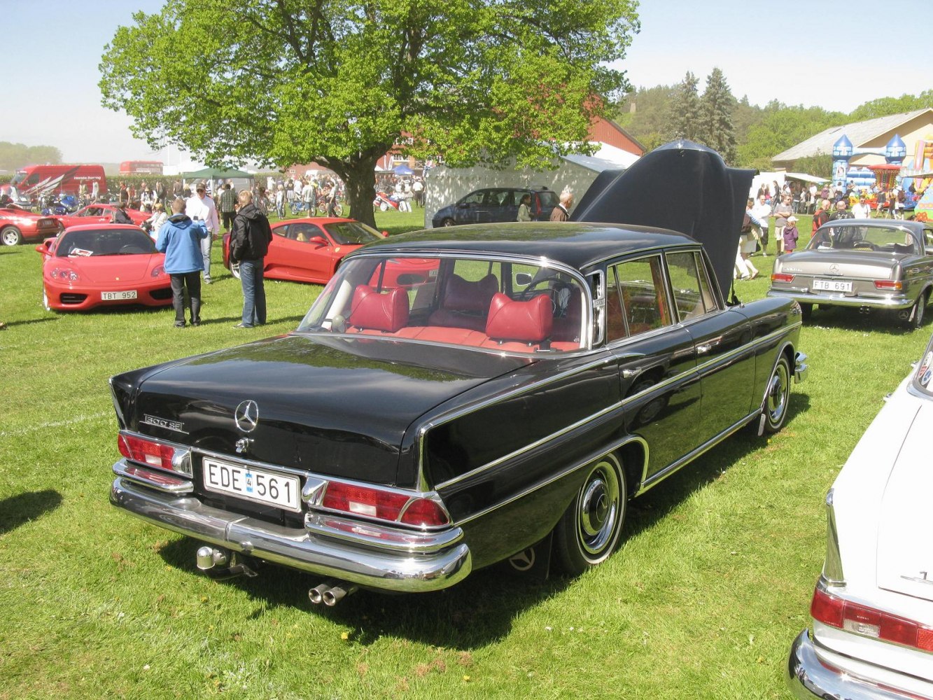 Vintage luxury sedan rear with distinctive tail fins and chrome detailing.