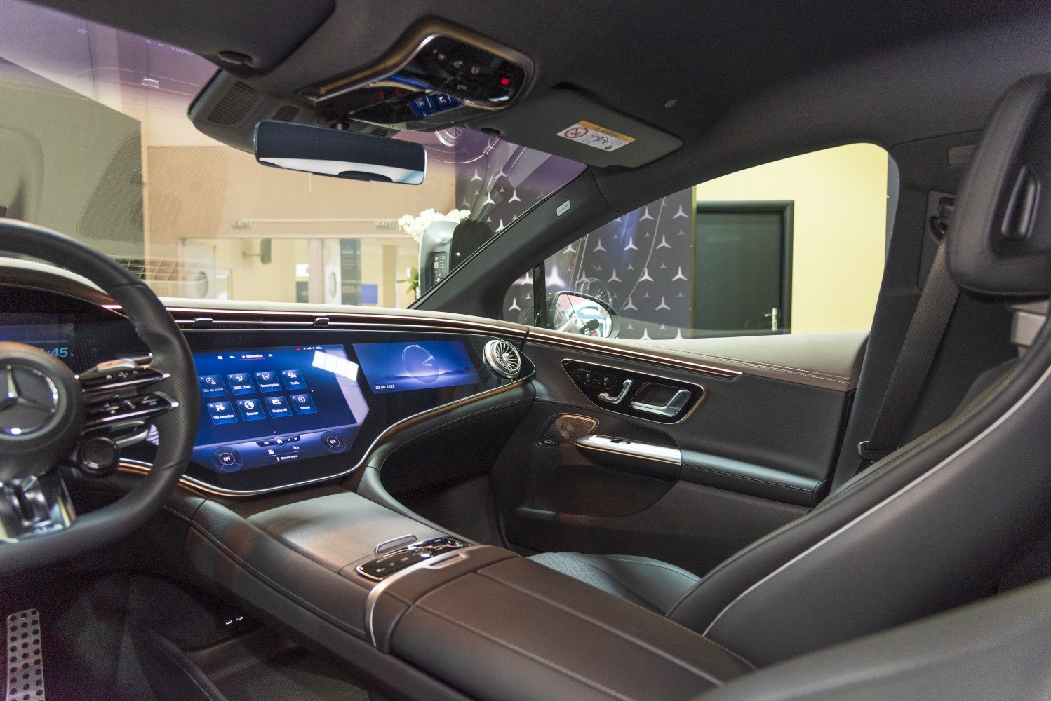 Digital dashboard and touchscreen displays in premium car interior