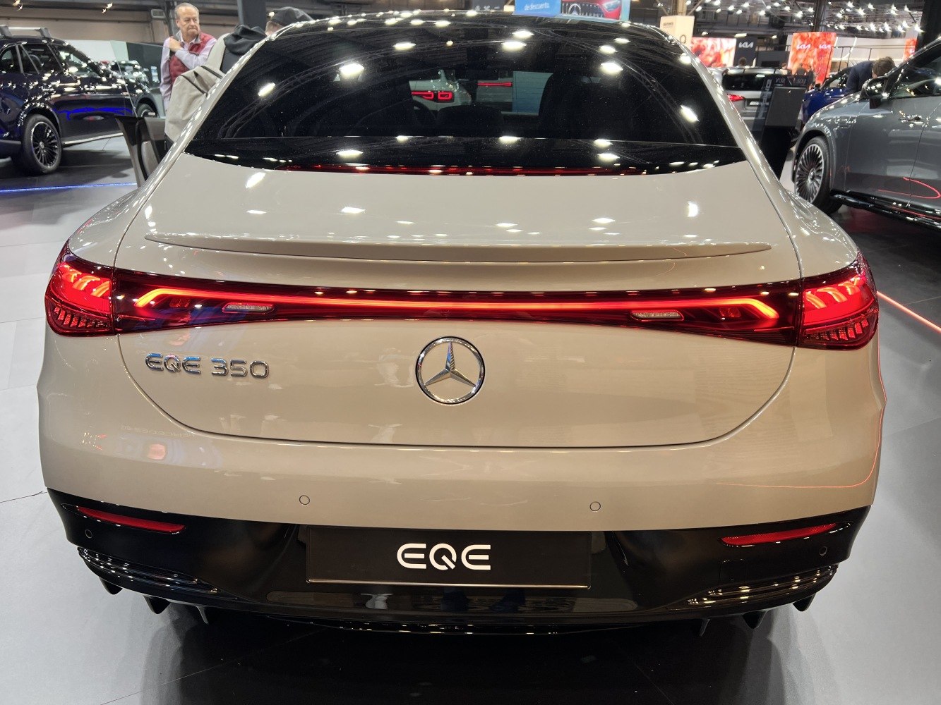 Rear view with EQE 350 badge and full-width LED tail light strip
