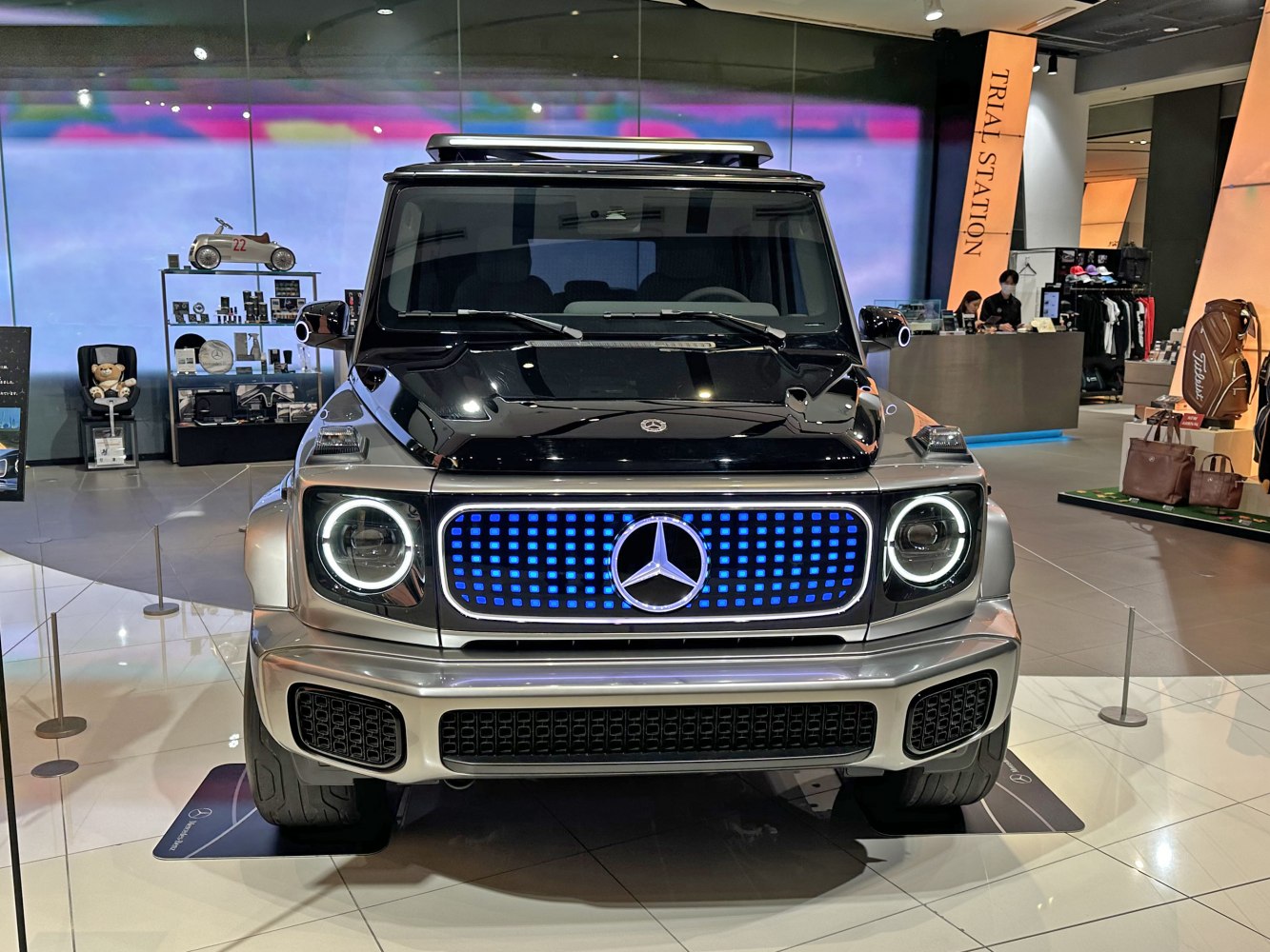 Front view of electric SUV concept with LED grille and circular headlights