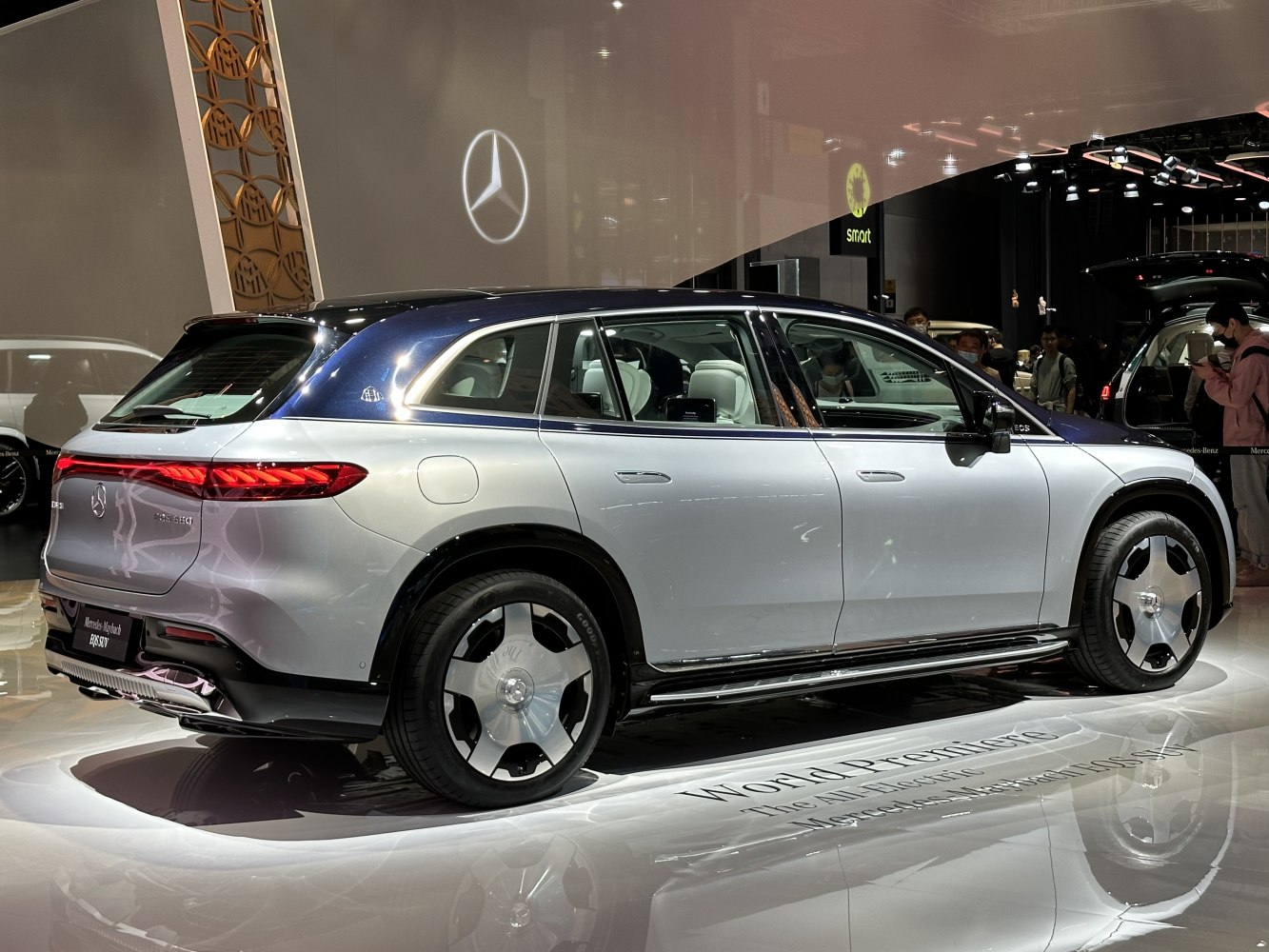 Rear and side profile of luxury electric SUV with dual-tone roof and alloy wheels