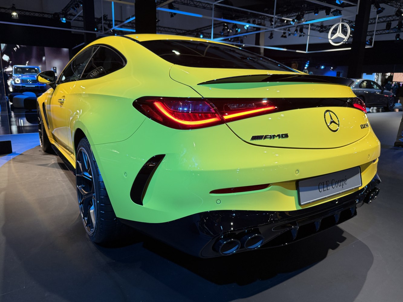 Rear view with LED taillights and quad exhausts of a high-performance coupe
