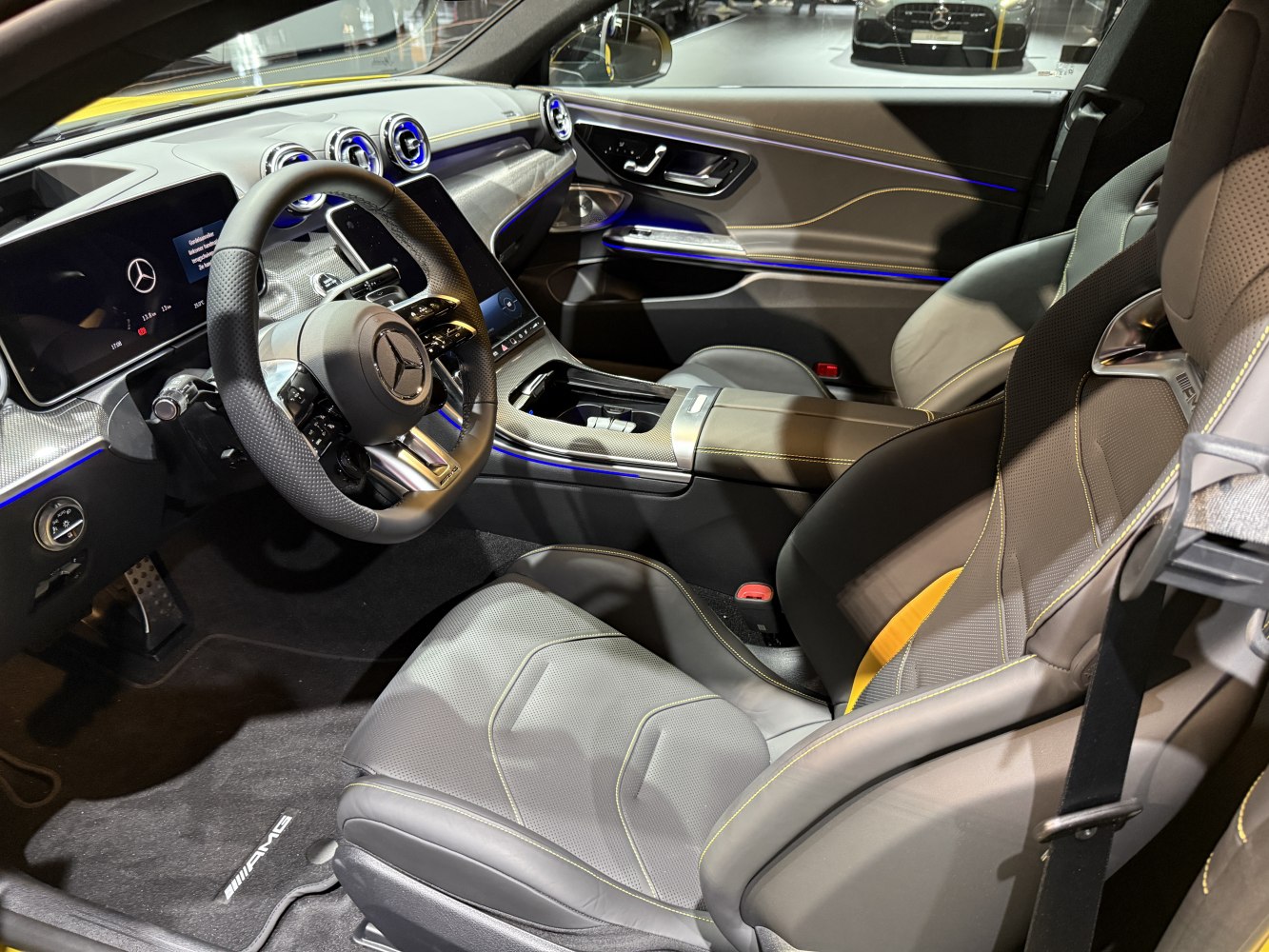 Luxury coupe interior with sporty seats and digital cockpit