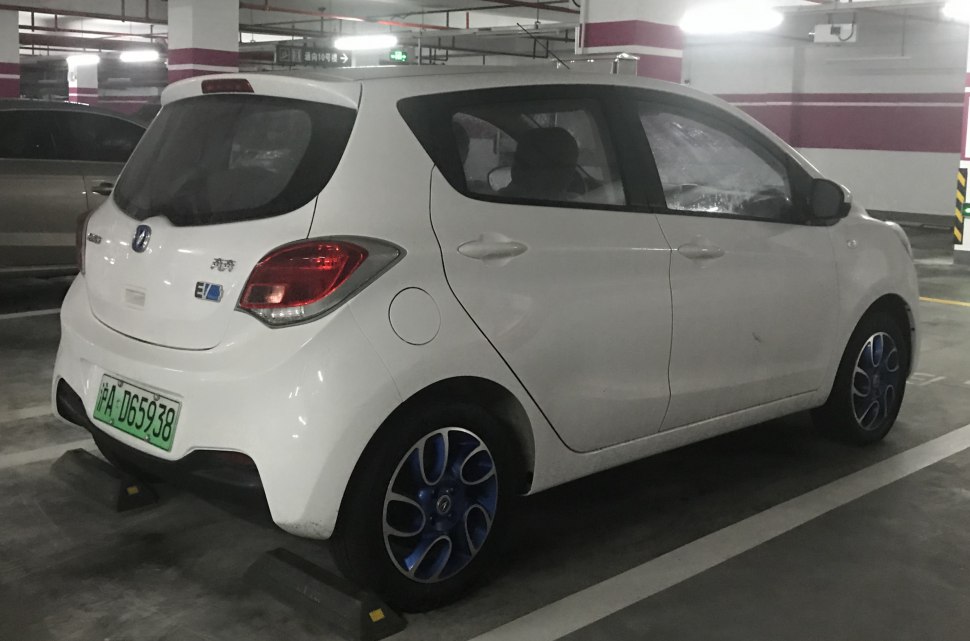 Compact hatchback rear side with blue alloy wheels