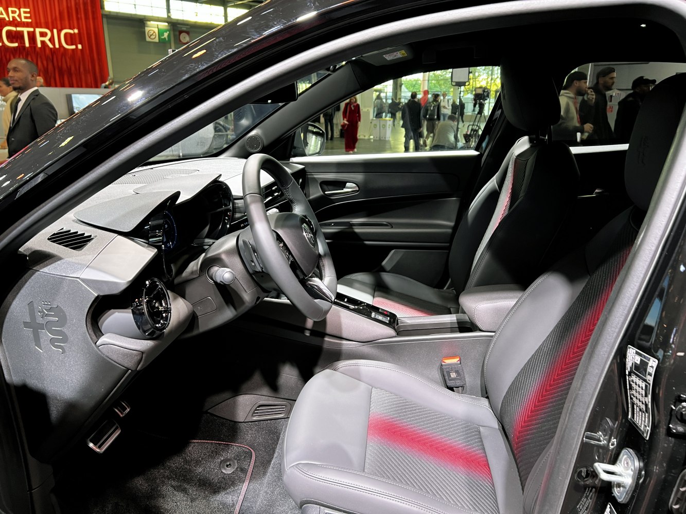 Modern car interior with dashboard and front seats