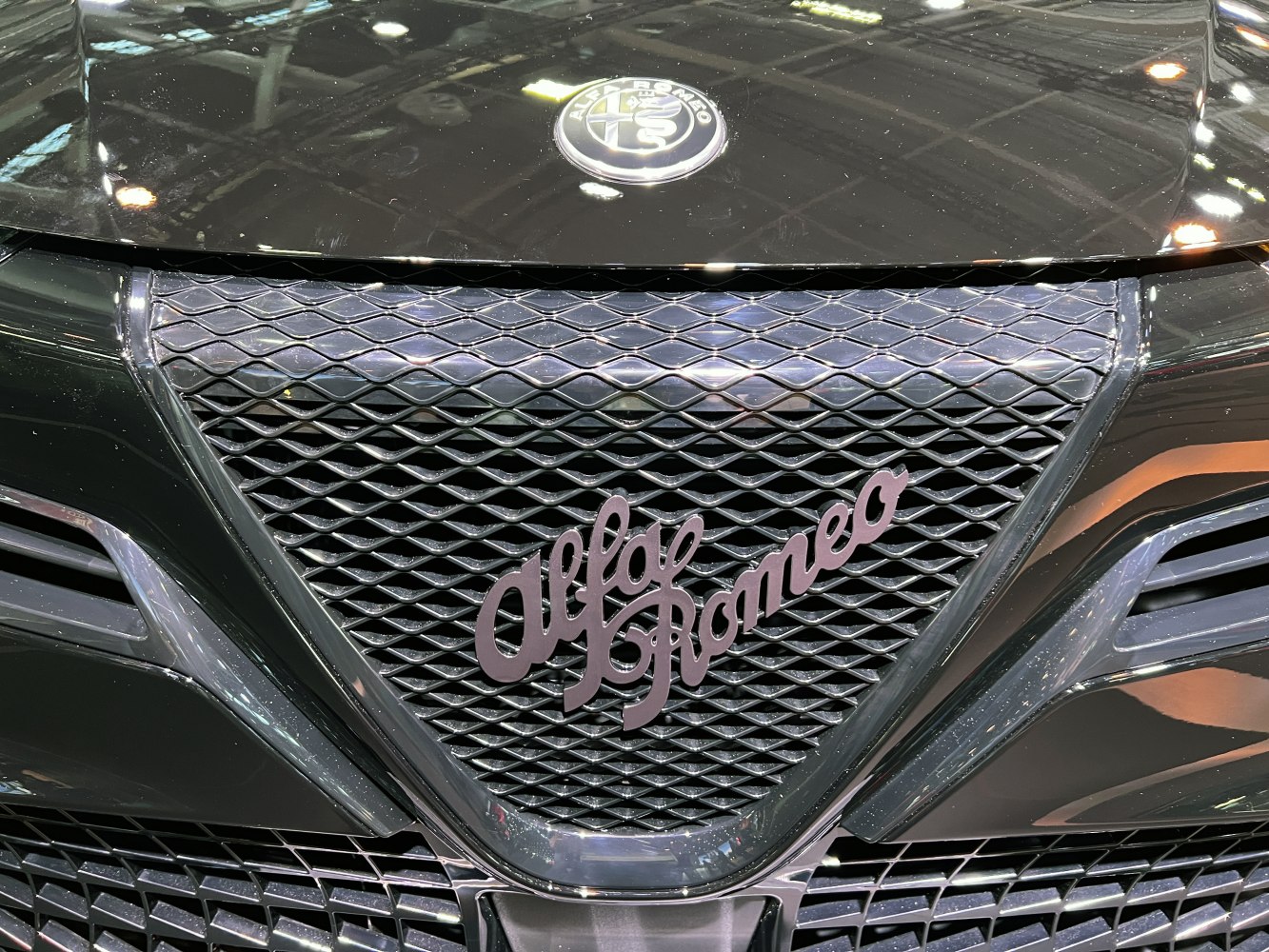 Close-up of Alfa Romeo front grille with badge and mesh pattern