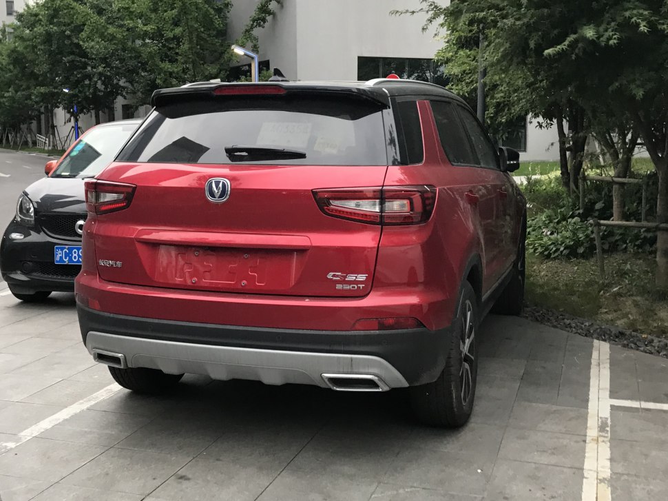 Rear view with dual exhausts and sharp tail light design.