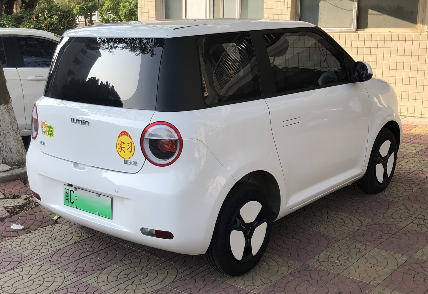 Rear view with round taillights and distinctive white-black wheel covers
