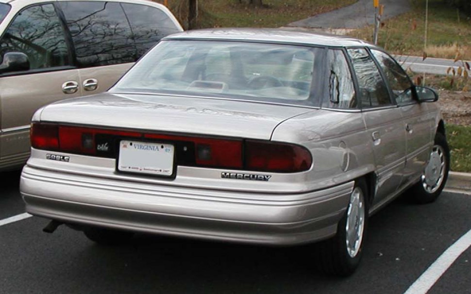 Rear view of a sedan with full-width taillights and four doors