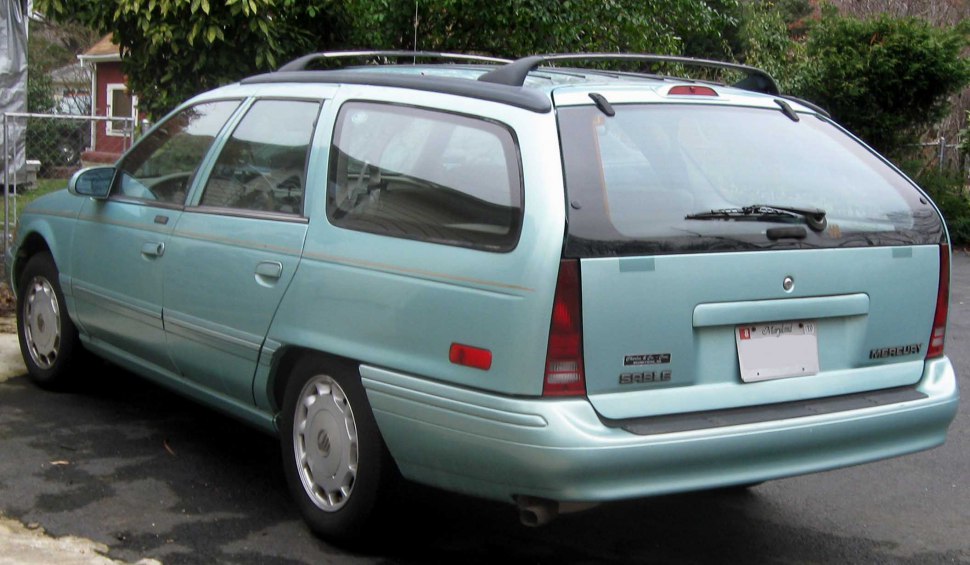 Rear view of station wagon with roof rack and vertical taillights