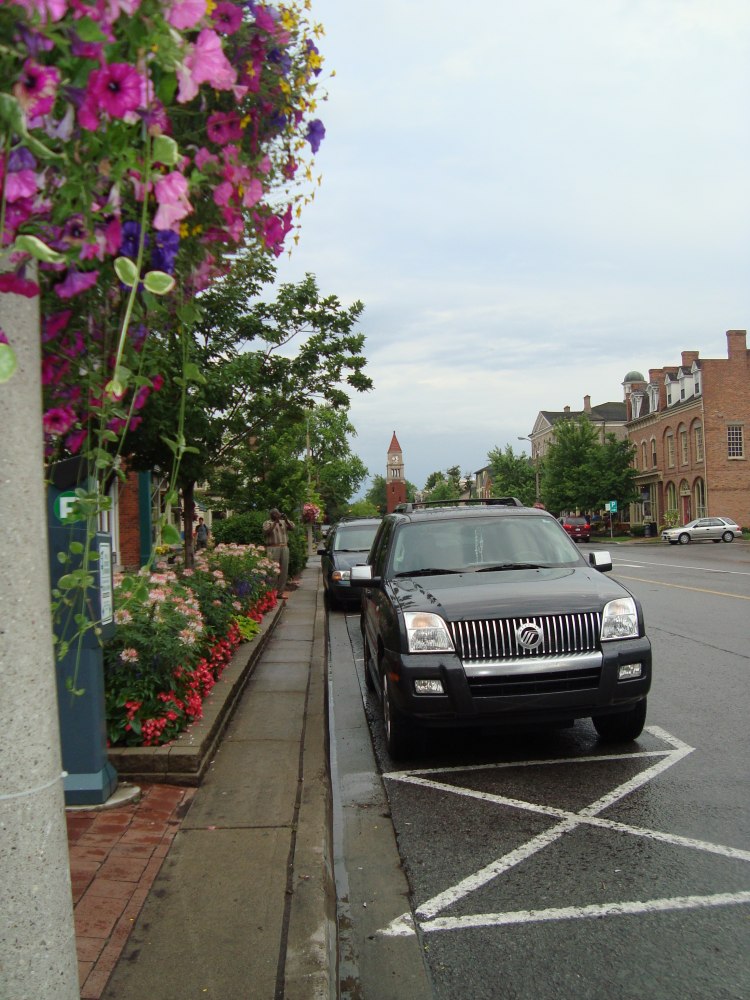 Front view of black SUV parked on urban street with flowered sidewalk