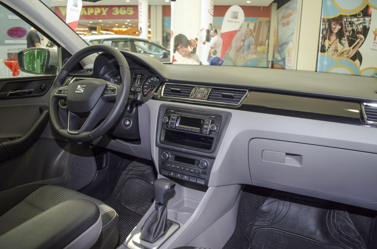 Dashboard and steering wheel with automatic gear shifter and control panel