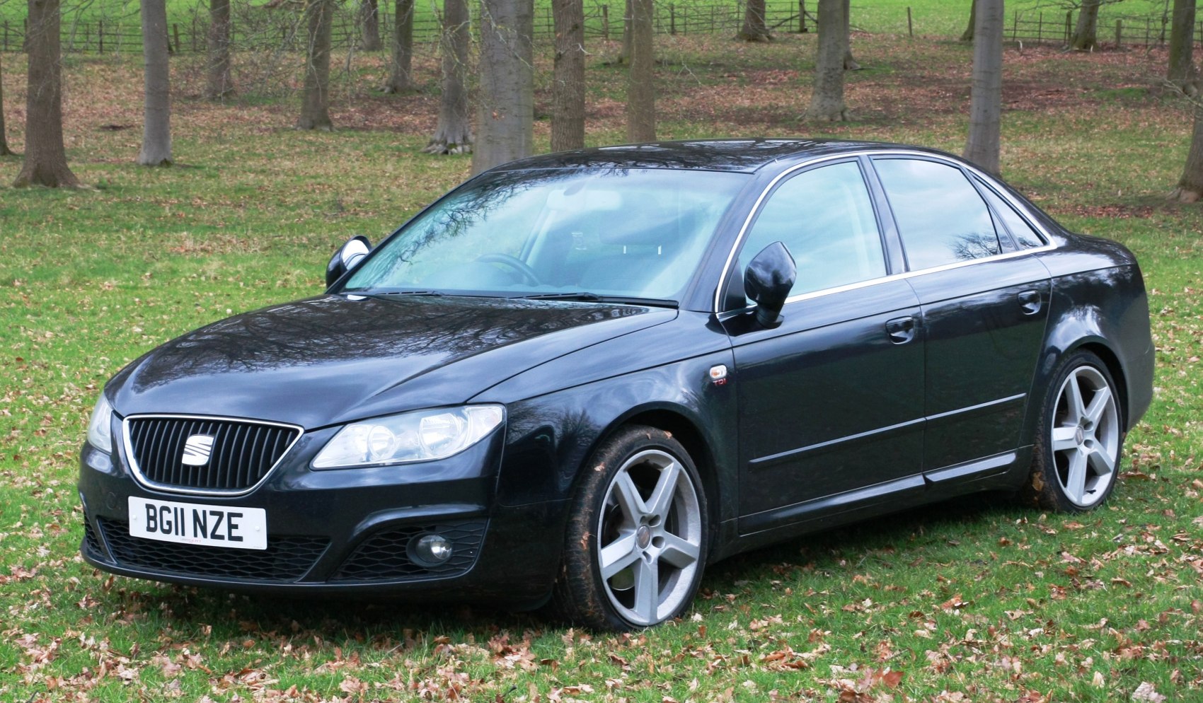 Black sedan with vertical slat grille and five-spoke alloy wheels