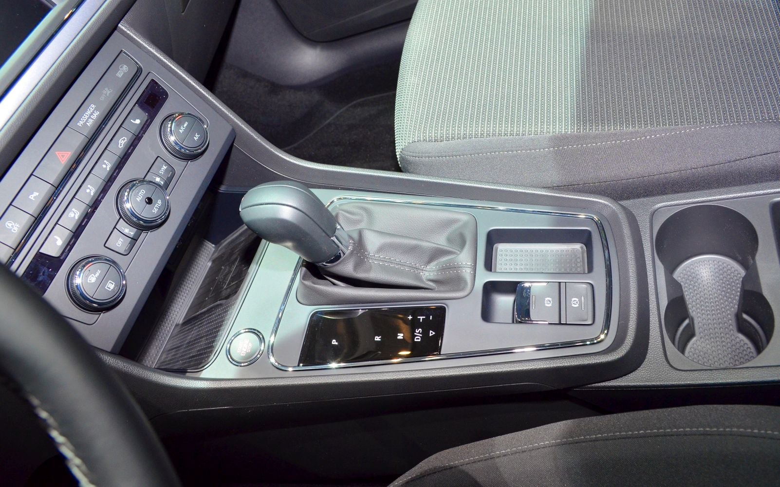 Automatic gear shift lever and climate control panel in car interior