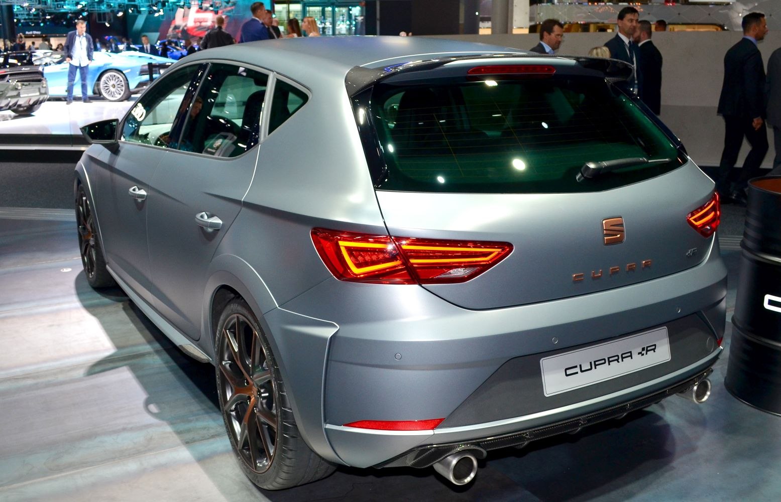 Sporty hatchback rear with LED taillights and dual exhaust pipes