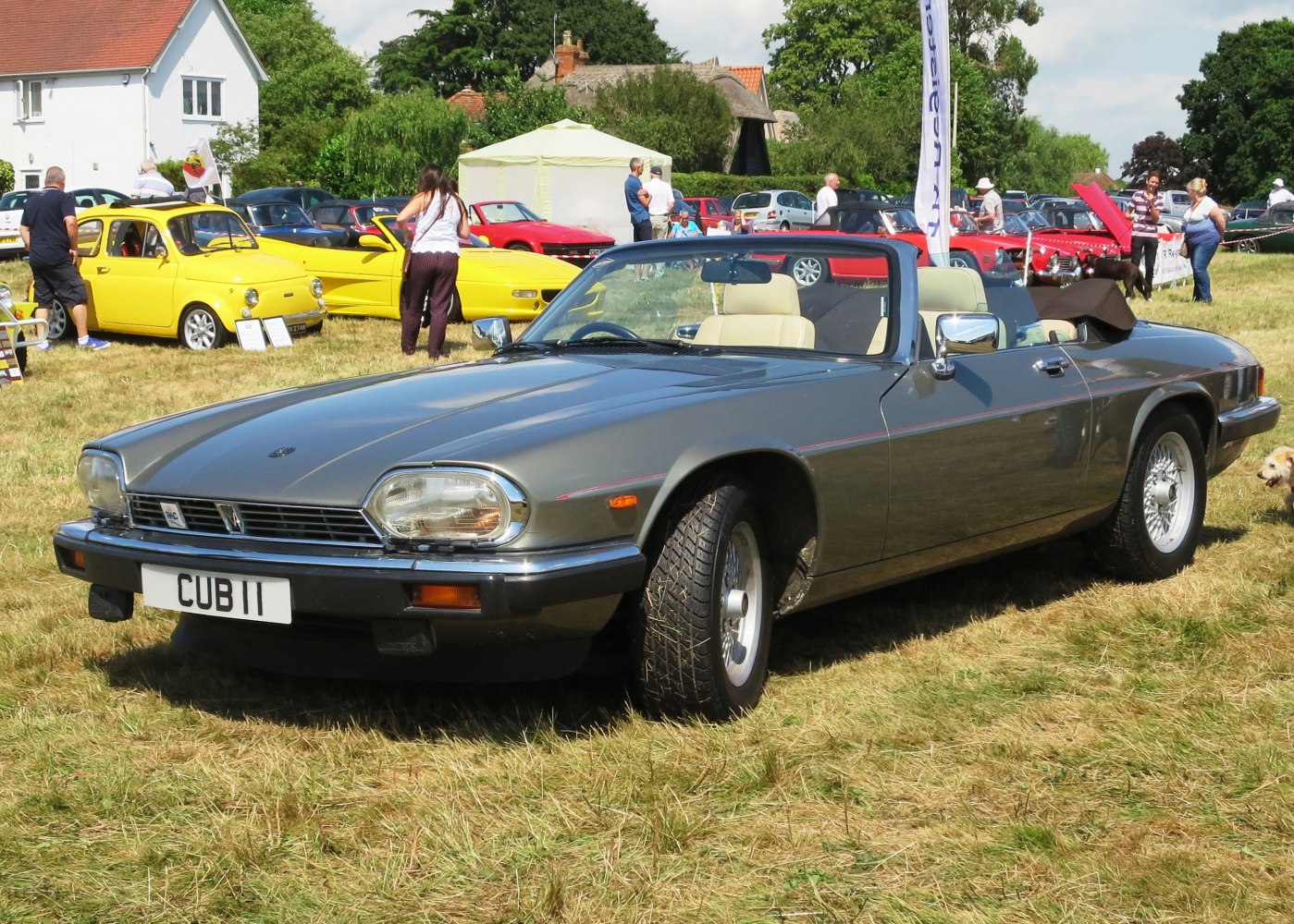 Classic convertible coupe with beige leather interior and chrome side mirrors.