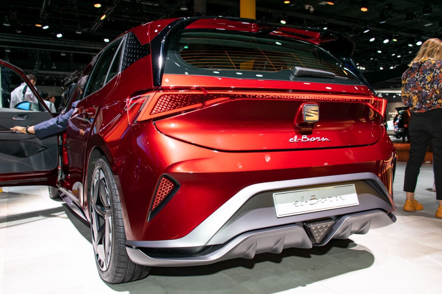 Rear view of electric hatchback with LED tail lights and spoiler