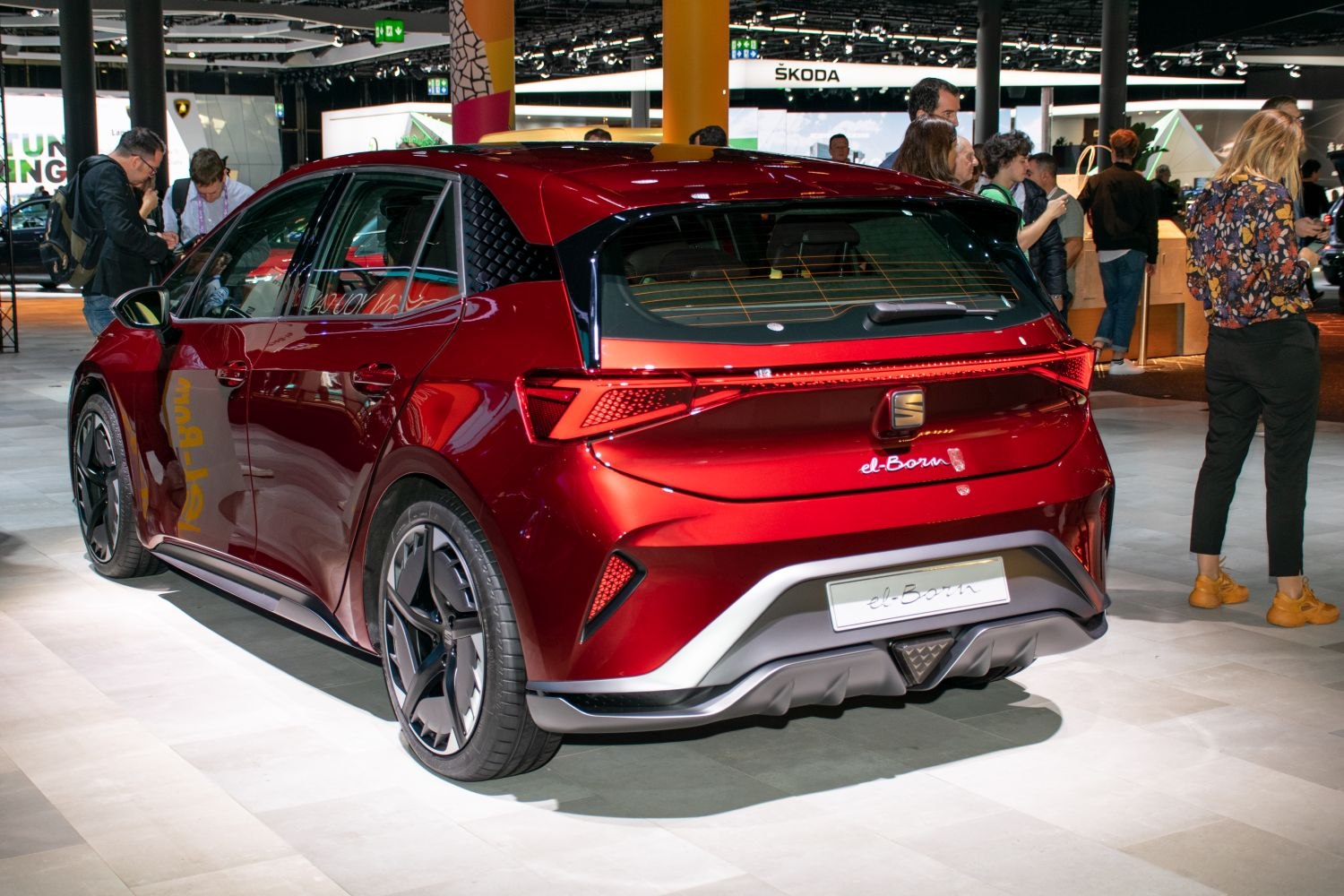 Sleek electric hatchback rear with LED taillights and sporty wheels