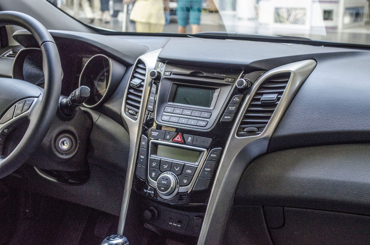 Car interior dashboard with center console and control buttons