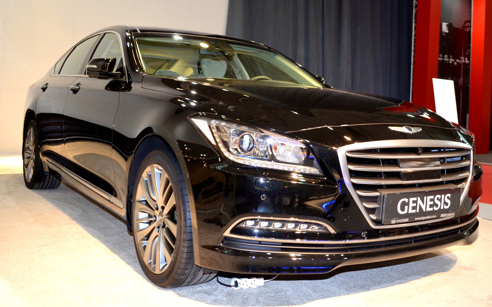 Front grille and LED headlights closeup on luxury sedan