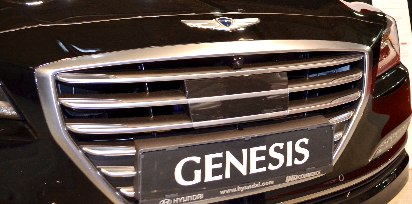 Close-up of luxury sedan front grille and emblem