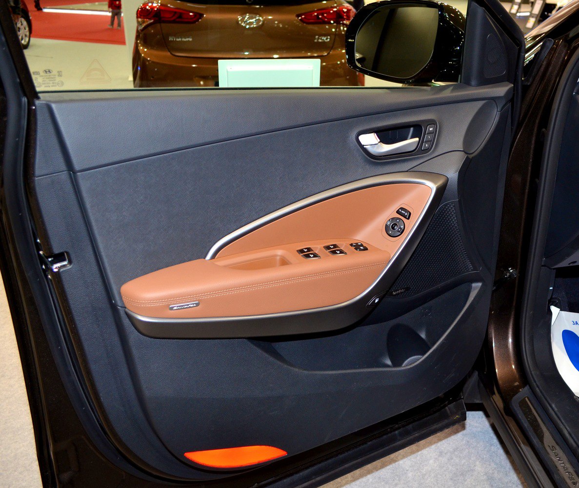 Interior door panel with brown armrest and control buttons