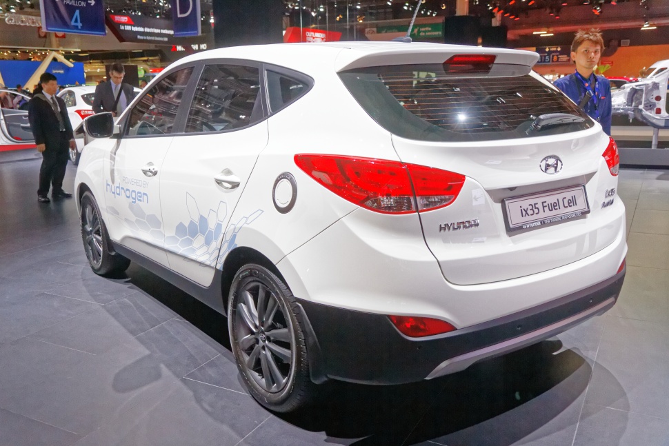 Rear view of hydrogen fuel cell SUV with sleek taillights and eco-friendly design