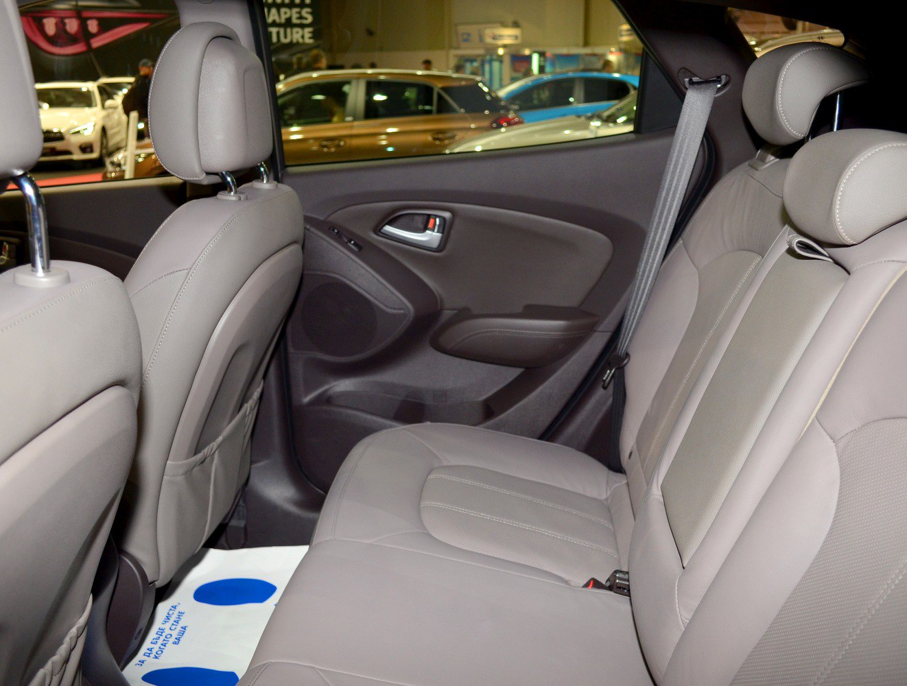 Rear seat interior with leather upholstery and door panel