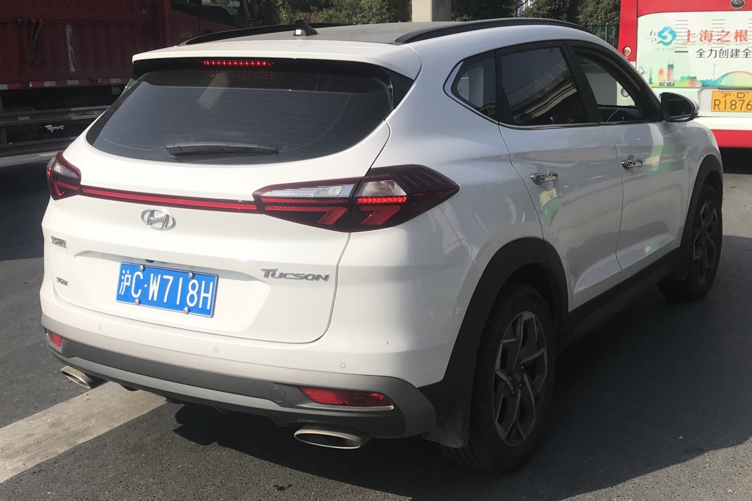 Rear view with LED taillights and dual exhausts