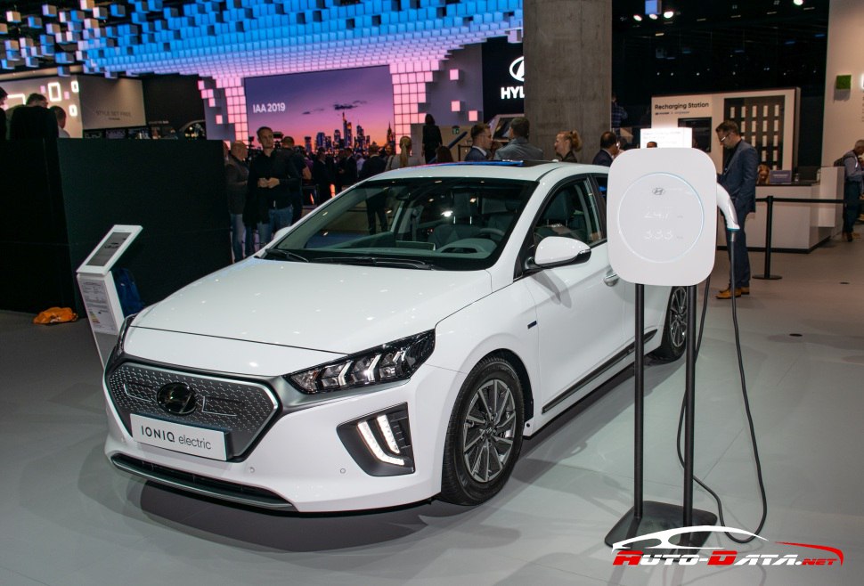 Front view of Hyundai IONIQ electric with LED headlights and charging station