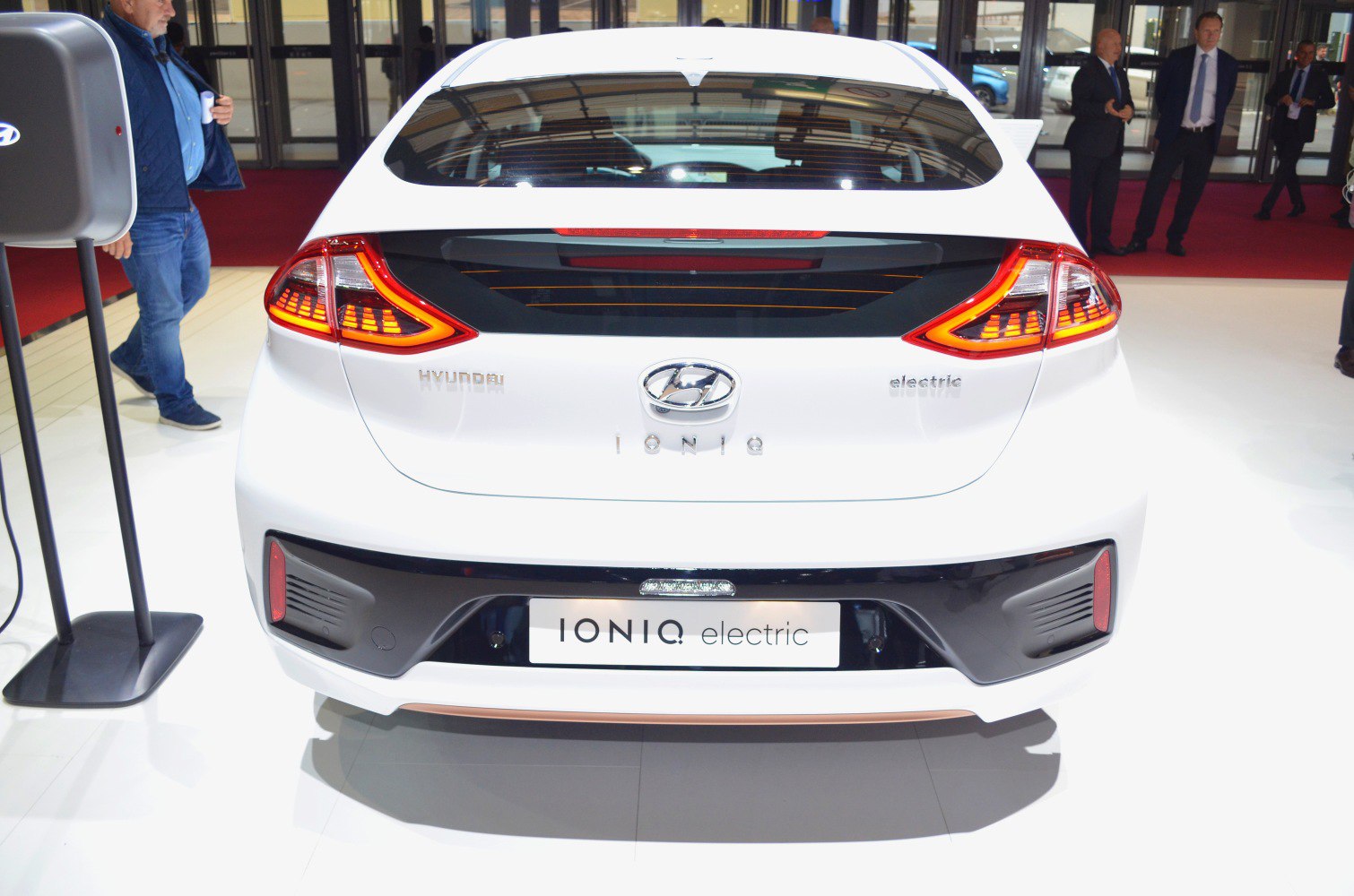 Rear view of Hyundai electric hatchback with distinctive taillights.