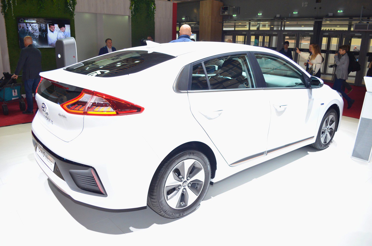 Rear and side view of electric hatchback with aerodynamic tail lights