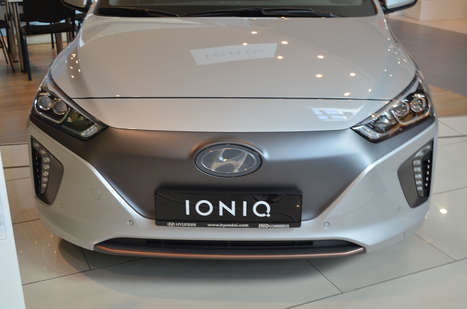 Close-up of Hyundai IONIQ front fascia with LED headlights