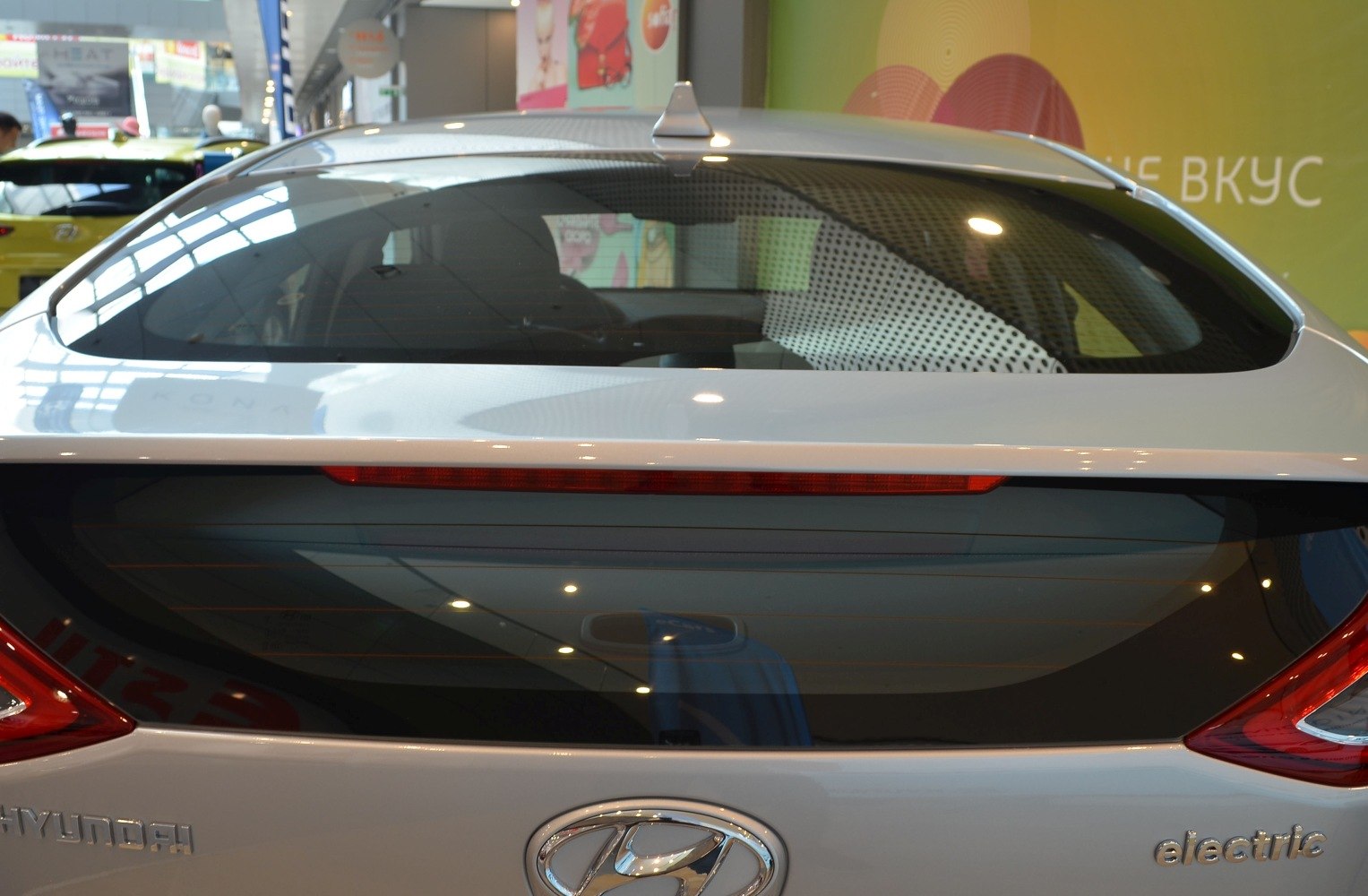 Close-up of electric hatchback rear window and rear light