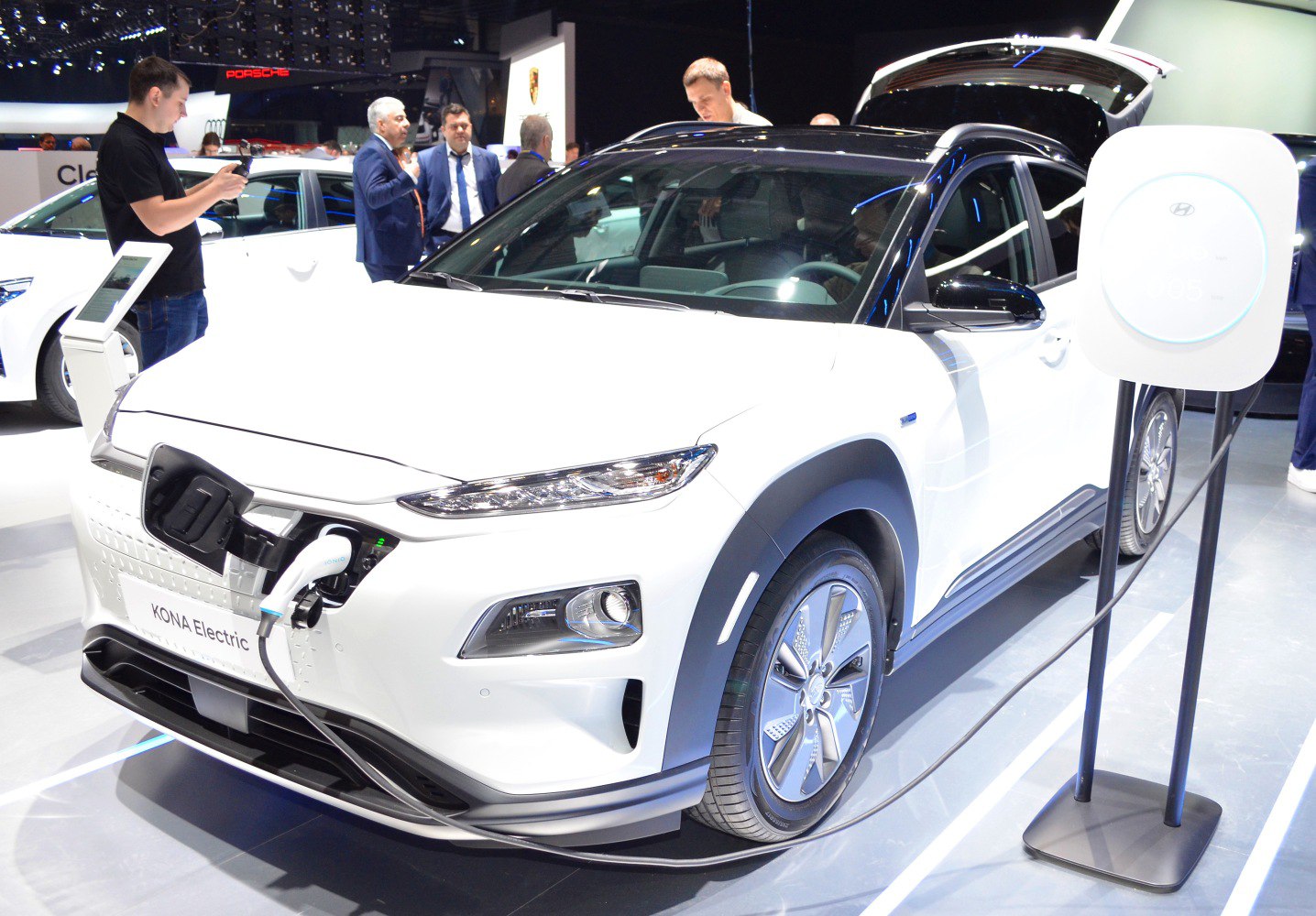 Electric Hyundai Kona I front view with charging cable attached