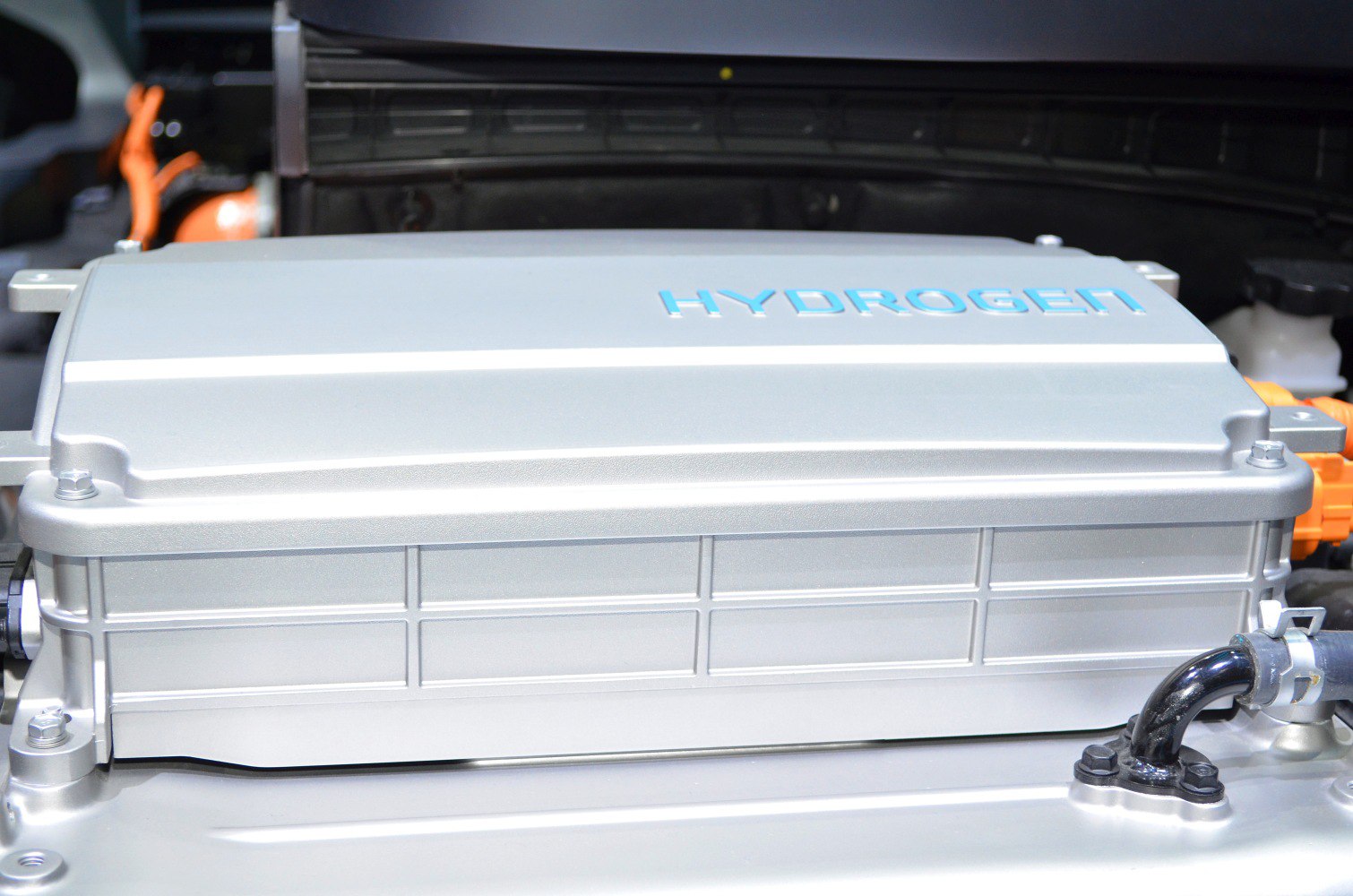 Hydrogen fuel cell system close-up with detailed casing and connections