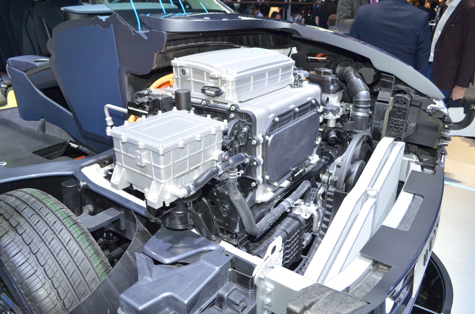 Electric powertrain and front wheel suspension components.