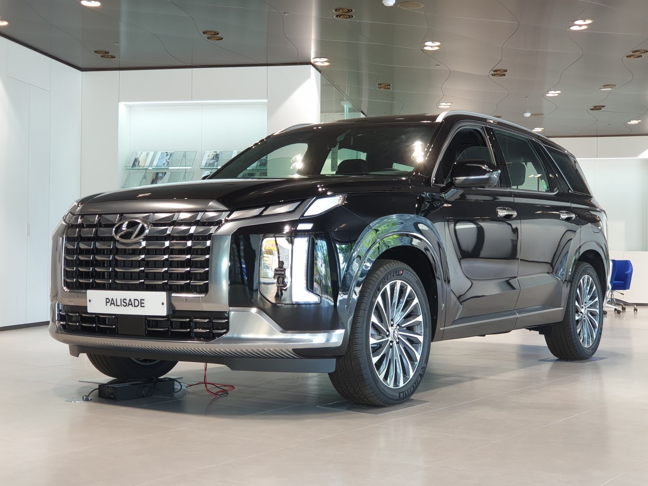 Front grille and alloy wheel details of a black SUV