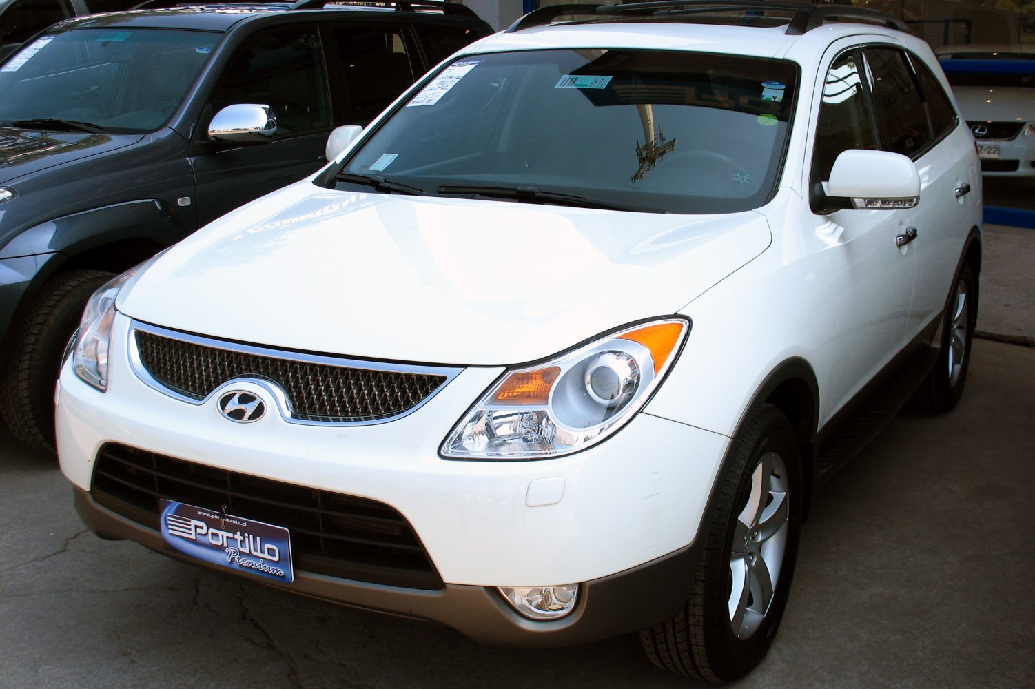 Front view showing headlights, mesh grille, fog lights, and roof rails