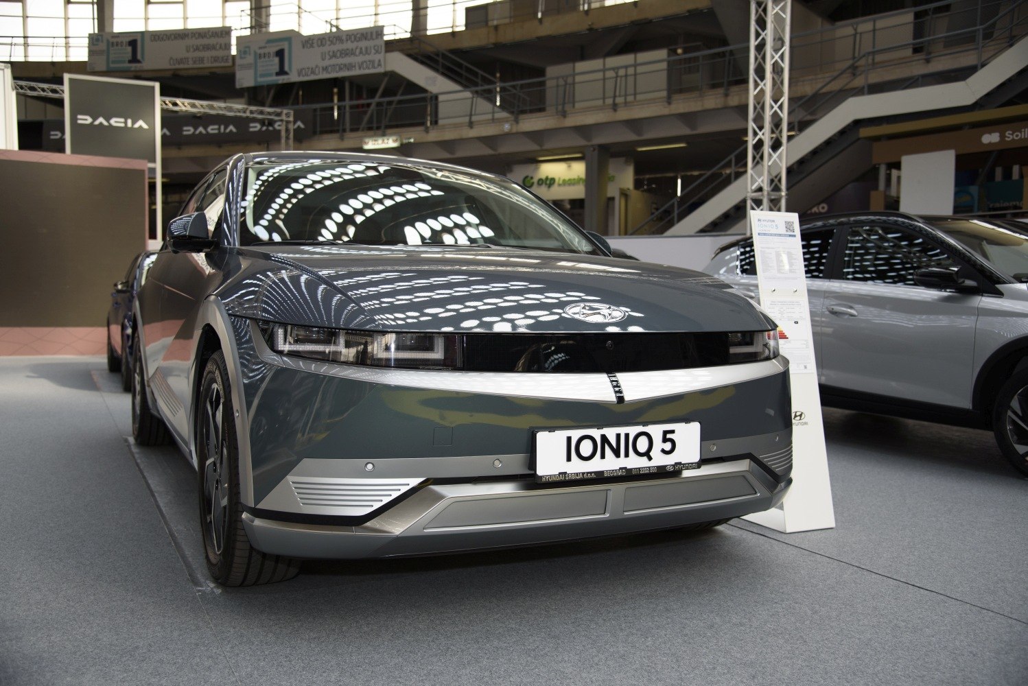 Front view of sleek Hyundai IONIQ 5 with modern LED headlights and aerodynamic design