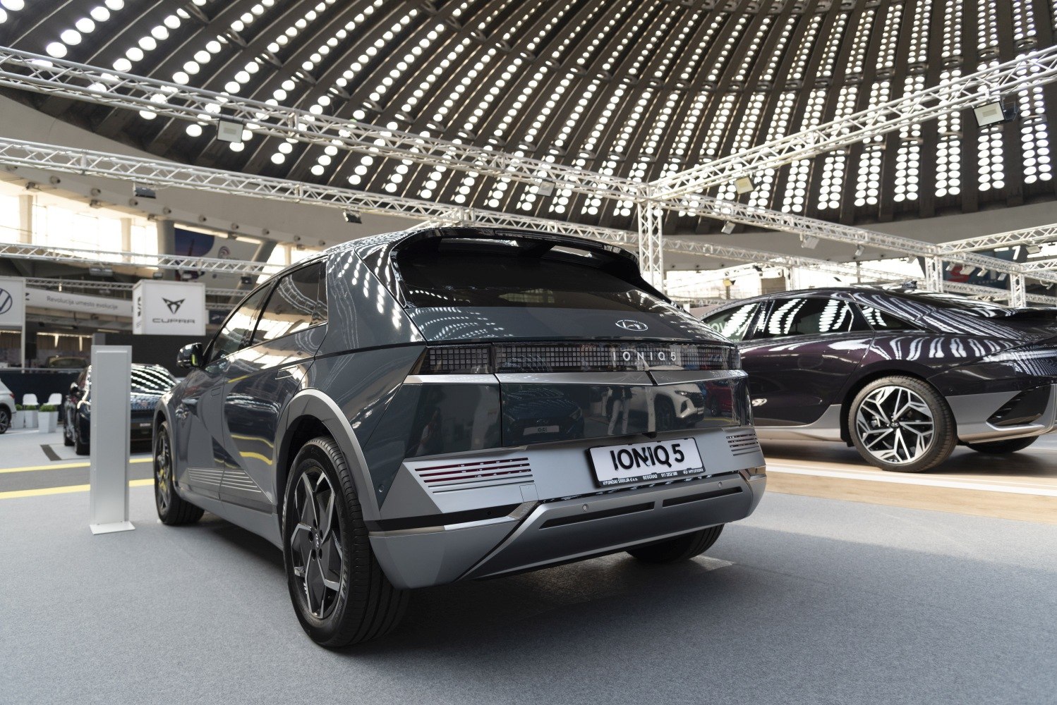 Rear and side view of electric SUV with angular design and distinctive tail lights